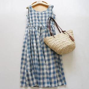 [바바라옷장]256058 - 블루체크 스트링 린넨면롱원피스 펀칭원피