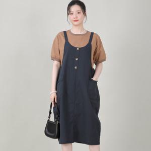 애비뉴투지 엄마옷 린넨 멜빵 단추 장식 여름 라운드 조끼 롱 원피스 K07510