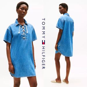 타미힐피거 XW04922-EX0 여자 코튼 리오셀 혼방 반팔 풀오버 원피스 드레스