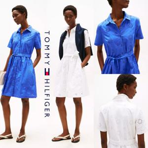 타미힐피거 XW04975-YCF 여자 아일렛 자수로고 벨티드 반팔 셔츠 원피스 드레스