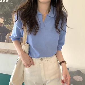 [올리비에스클로젯] 베이직 오픈카라 브이넥 반팔 니트_O2506KN603B