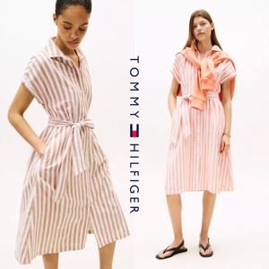 타미힐피거 XW05209 여자 리넨 코튼 혼방 스트라이프 벨티드 반팔 셔츠 원피스