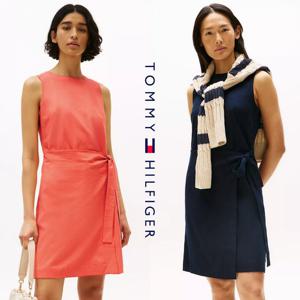 타미힐피거 XW05208-TKL 여자 리넨 비스코스 혼방 벨티드 민소매 원피스 드레스