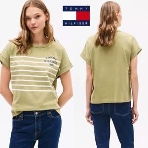 타미힐피거 TOMMY HILFIGER XW04339-L9F 여자 1985 로고 스트라이프 반팔 티셔츠