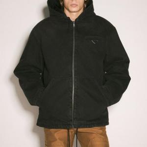 25 FW 프라다 메탈 로고 패치 패딩 데님 후드 자켓 블랙 GEB269 142D F0631