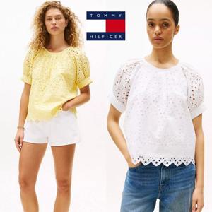 타미힐피거 XW05217-ZF0 여자 아일렛 자수로고 퍼프 슬리브 반팔 블라우스 탑