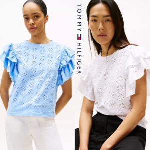 타미힐피거 XW05036-YCF 여자 아일렛 자수로고 퍼프 슬리브 블라우스 탑