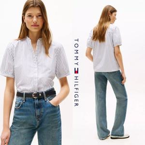 타미힐피거 TOMMY HILFIGER XW04307-YCF 여자 스트라이프 퍼프 슬리브 반팔 셔츠
