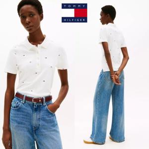 타미힐피거 WW46030-0K8 여자 슬림핏 플래그 프린티드 스트레치 반팔 폴로 셔츠