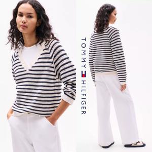 타미힐피거 XW03971-AEF 여자 스트라이프 V넥 오픈 크로셰 니트 스웨터