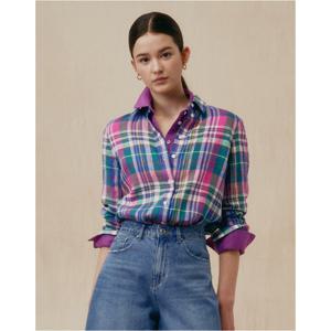 헤지스 여성  핑크 체크 린넨 셔츠 HSSH5B321P2