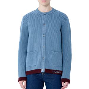 25 FW 구찌 로고 인타르시아 헴 포켓 크루넥 울 가디건 블루 811243 XKEGS 4589