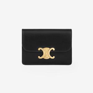 셀린느 트리옹프 플랩 카드지갑 샤이니 카프스킨 블랙