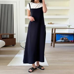 샵앤) 국산 여성 끈나시 레이어드 A라인 무지 롱원피스 LL-WDR-4674-네이비