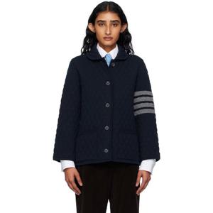 톰브라운 가디건 네이비 퀼팅 니트 메리노 울 스트라이프 워크 재킷 252381F095017