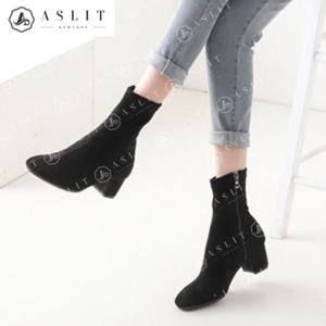 [애슬릿] 국내 생산 심플 둥근코 옆지퍼 미들 힐 앵클 통굽 삭스 부츠