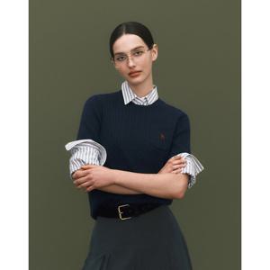 헤지스 여성 25FW 라운드넥 케이블 반팔 풀오버 네이비 HSSW5CC73N2