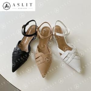 [애슬릿] 천연 소 가죽 스틸레토 격자 여성 플랫 샌들