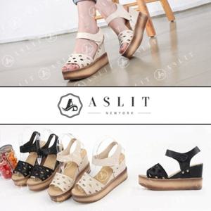 [애슬릿] 펀칭 통굽 웨지 힐 벨크로 스트랩 샌들