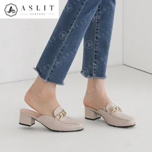 [애슬릿] 여성 스퀘어토 골드 체인 뮬 힐 블로퍼 4cm