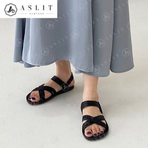 [애슬릿] 여성 탈부착 고무 크로스 스트랩 플랫 샌들