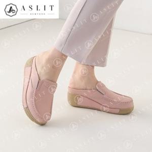 [애슬릿] 천연 소 가죽 여성 키높이 통굽 웨지 뮬 블로퍼