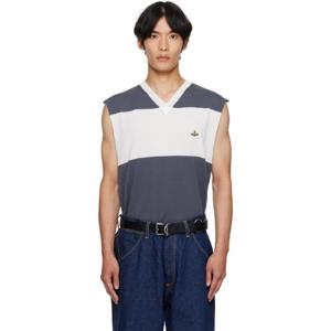 비비안웨스트우드 브이넥 화이트   블루 올리 스웨터 베스트 251314M206003