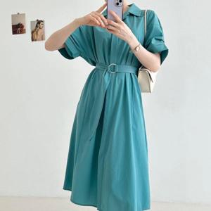 [옷자락]여자 반소매 카라 여름하객룩 혁대 스모킹 롱원피스