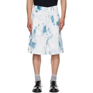 25 FW McQueen 남성 화이트   블루 블리치 워싱 프린트 쇼츠 251259M193007