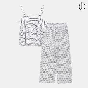 엘케이트 여성 투피스 도트 슬리브리스 셋업 쿨밴딩 와이드핏 플리츠 팬츠 LPPA007