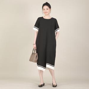 애비뉴투지 엄마옷 언발란스 컷 배색 트리밍 여름 반팔 롱 원피스 K08523