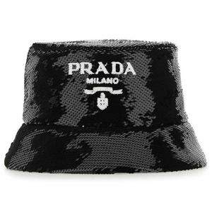 25 FW 프라다 블랙 스팽글 로고 버킷햇 1HC1372D0G