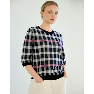 닥스 여성 25SS SET-UP면네이비 체크 반소매 라운드넥 스웨터 DLSW5B492N3