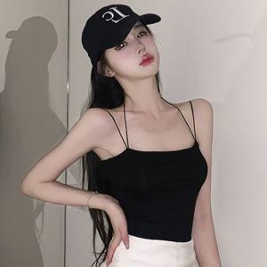 여성 얇은 끈 크롭 나시 캡내장