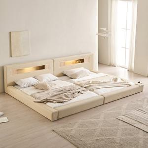 삼익가구 포레티 편백나무 LED조명 오픈형 가죽 패밀리 침대 Q+Q(파워 본넬스프링 매트리스)