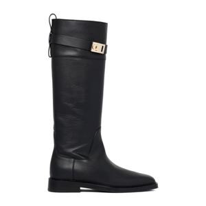 페라가모 골드 버클 플랫 라운드 토 가죽 니하이 부츠 0775045