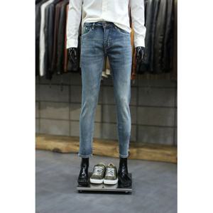 [빠니깔레]MARIO블루워시드스크레치 그린레더패치 레귤러슬림스판진 m-ijean63bl