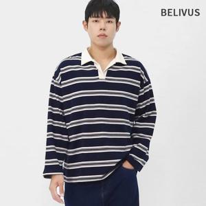 빌리버스 남성 데일리 브이넥 폴로 카라티 스트라이프 긴팔 티셔츠 BCR024