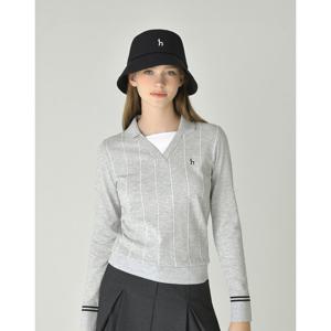 헤지스 골프 여성 25FW 그레이 여성 핀스트라이프 오픈 카라 니트 HWSW5C615G1