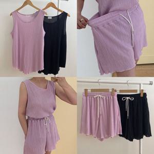 나야홍 / 빅사이즈투피스 V206L509 잔주름민소매숏팬츠세트 MO