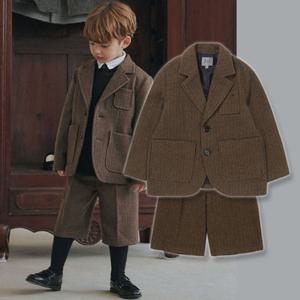 빈2 BZ61JK02BNS 아동 남아 여아 브라운 헤링본 테일러드 자켓 반바지 상하세트 초등