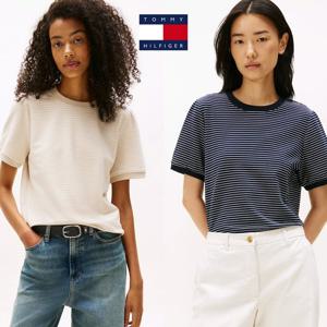 타미힐피거 XW04979 여자 퍼프 소매 반팔 스트라이프 맨투맨 티셔츠