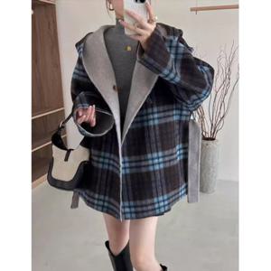 [바바라옷장]250149 - 울100%  체크 양면 후드 울코트 브랜드공