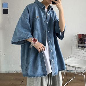 여름 남자 오버핏 베어 포켓 데님 반팔 셔츠 DMS-SHH-SBM033