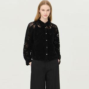 [베네통] 메쉬 블록 벨벳 블라우스_BABL91541BK