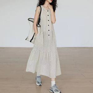 [바바라옷장]259059 - 도트 버튼 3단 린넨면롱원피스 펀칭원피스
