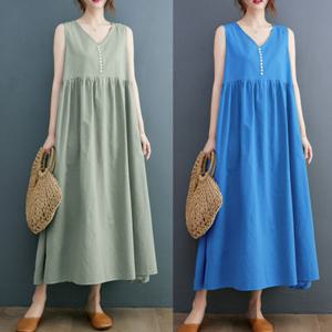 [바바라옷장]2591129 - 버튼 브이넥 민소매 린넨면 롱원피스 인