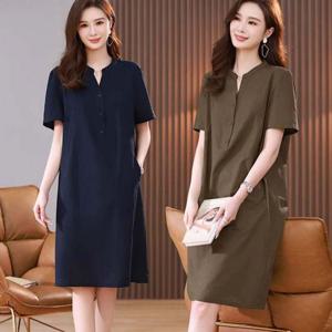 여자 브이넥 시원한 소재 반팔 원피스 URK-492