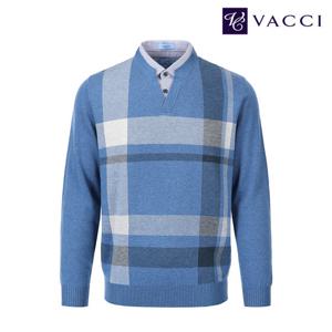 바찌 울혼방 체크 우븐 레이어드 스웨터 니트 블루 VK1O3PR121B0
