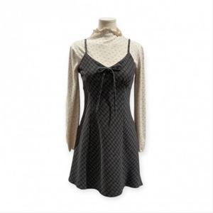 [트위]리본 포인트 체크 패턴 나시 원피스 TNJDFOP002